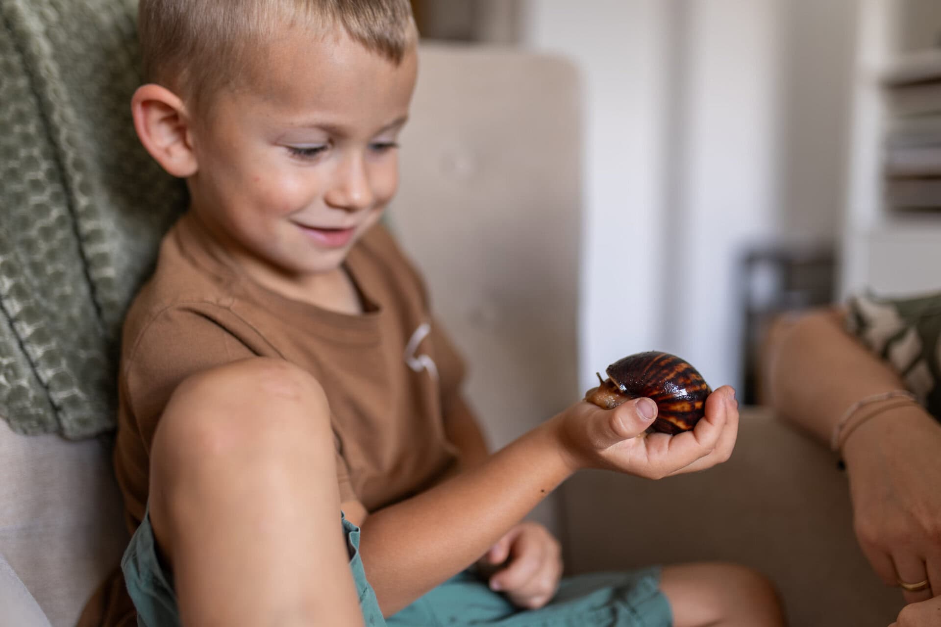 Junge sitzt auf Couch und hält Schnecke in Hand.