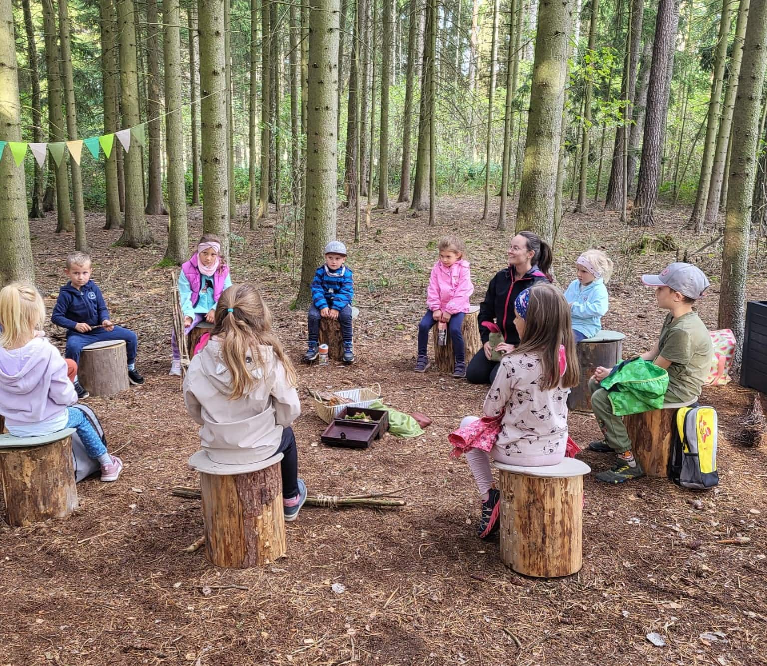 Kinder und Erwachsene sitzen im Kreis im Wald auf Baumstümpfen.